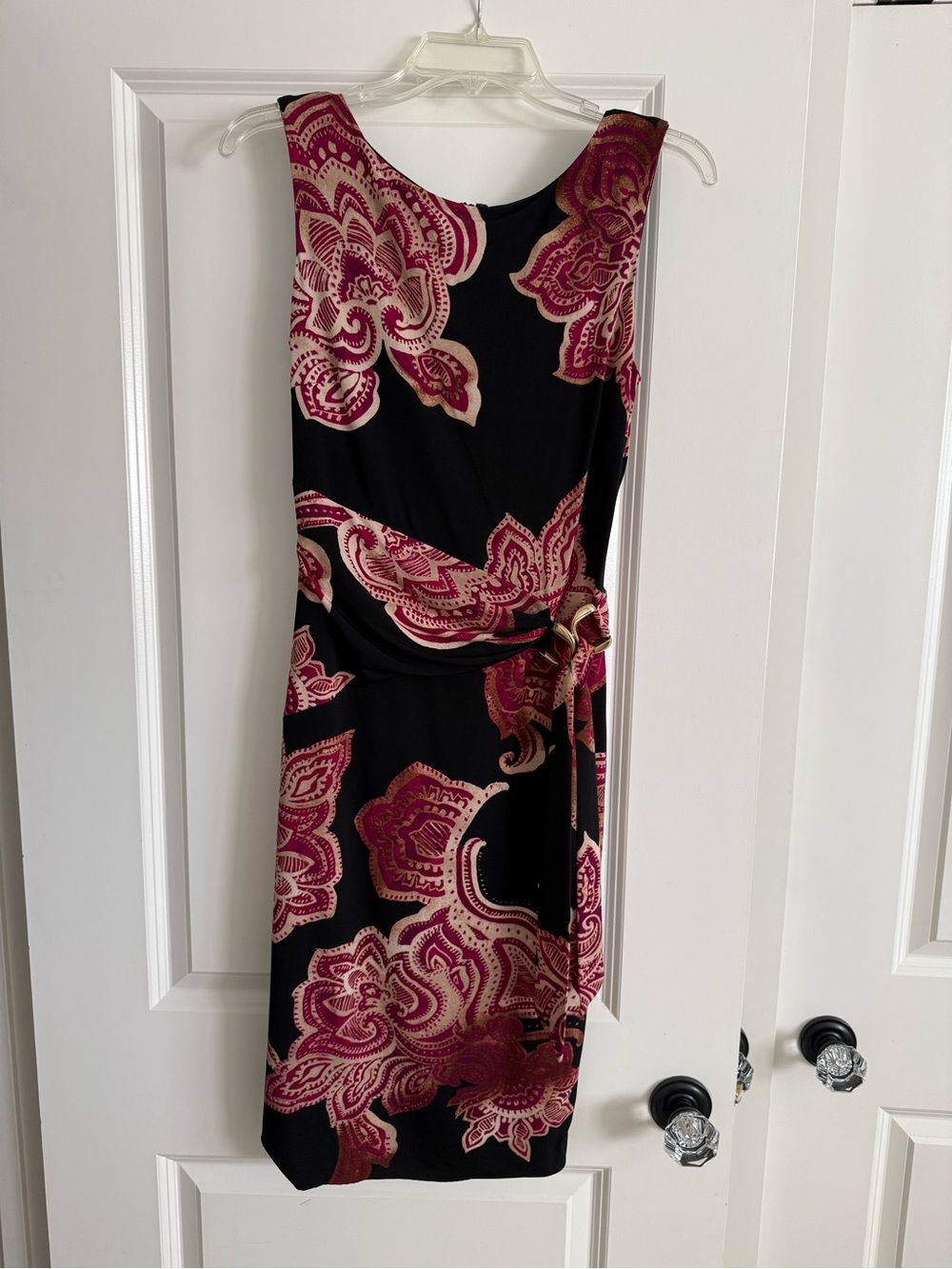 Cache elegant Black Midi Dress with burgundy and Cream Paisley Print